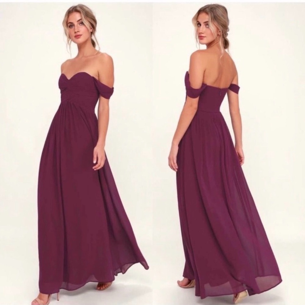 Lulus Harmonious Love Burgundy Off-the-Shoulder Maxi Dress Size XS